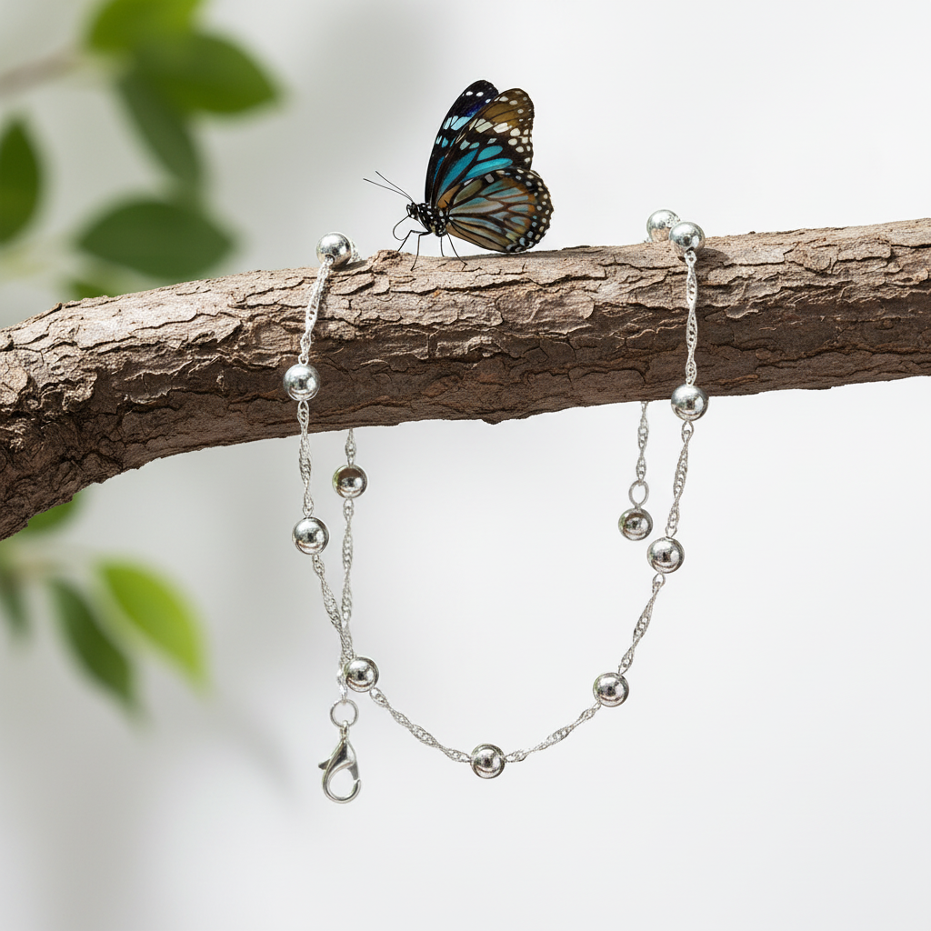 Anklet with clean clasp connection on branch with butterfly