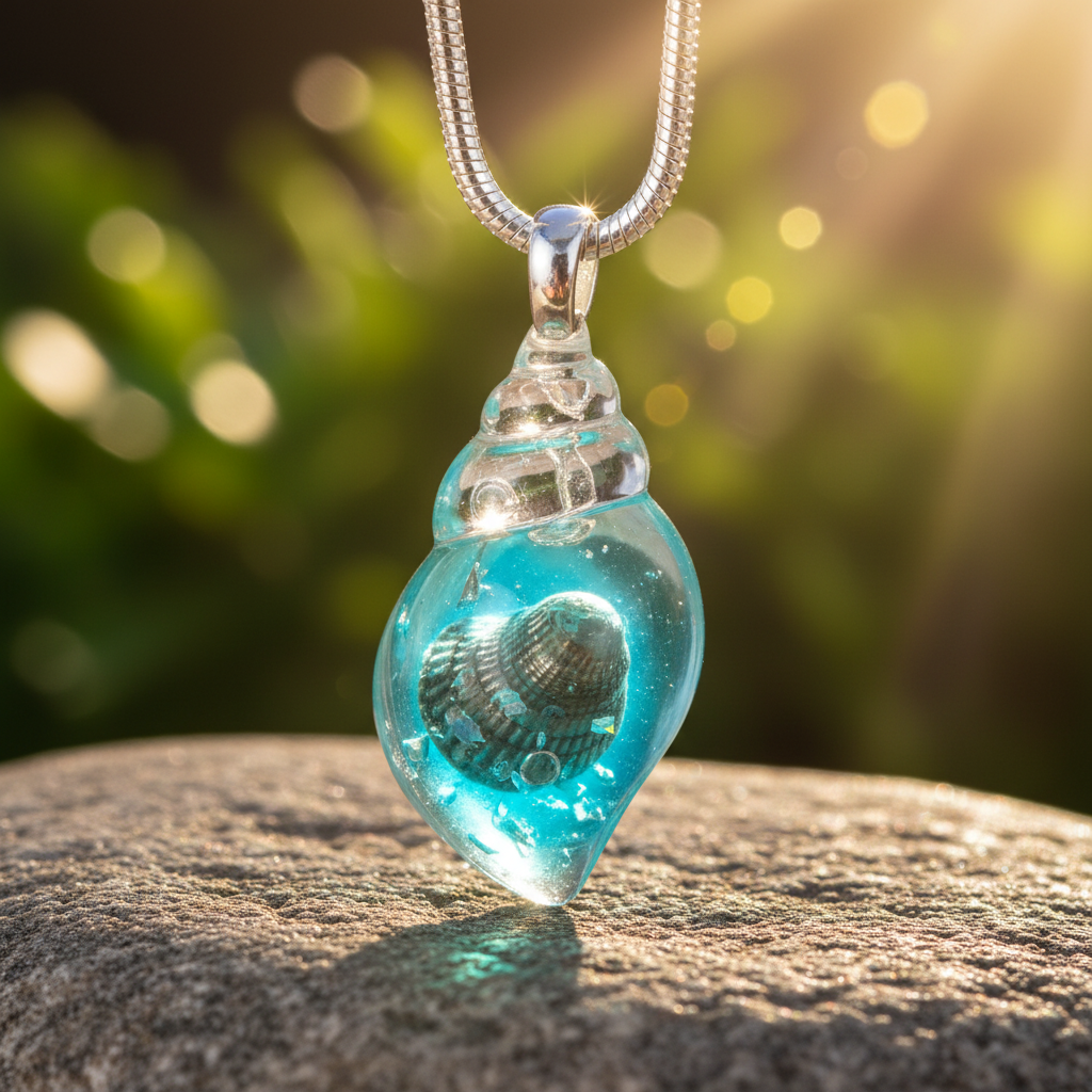 Aqua shell charm close-up with visible interior details - v2