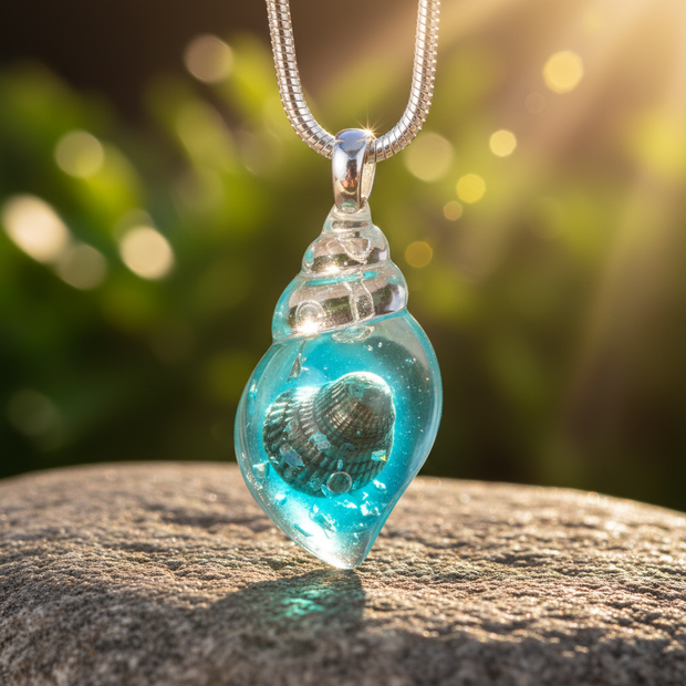 Aqua shell charm close-up with visible interior details - v2
