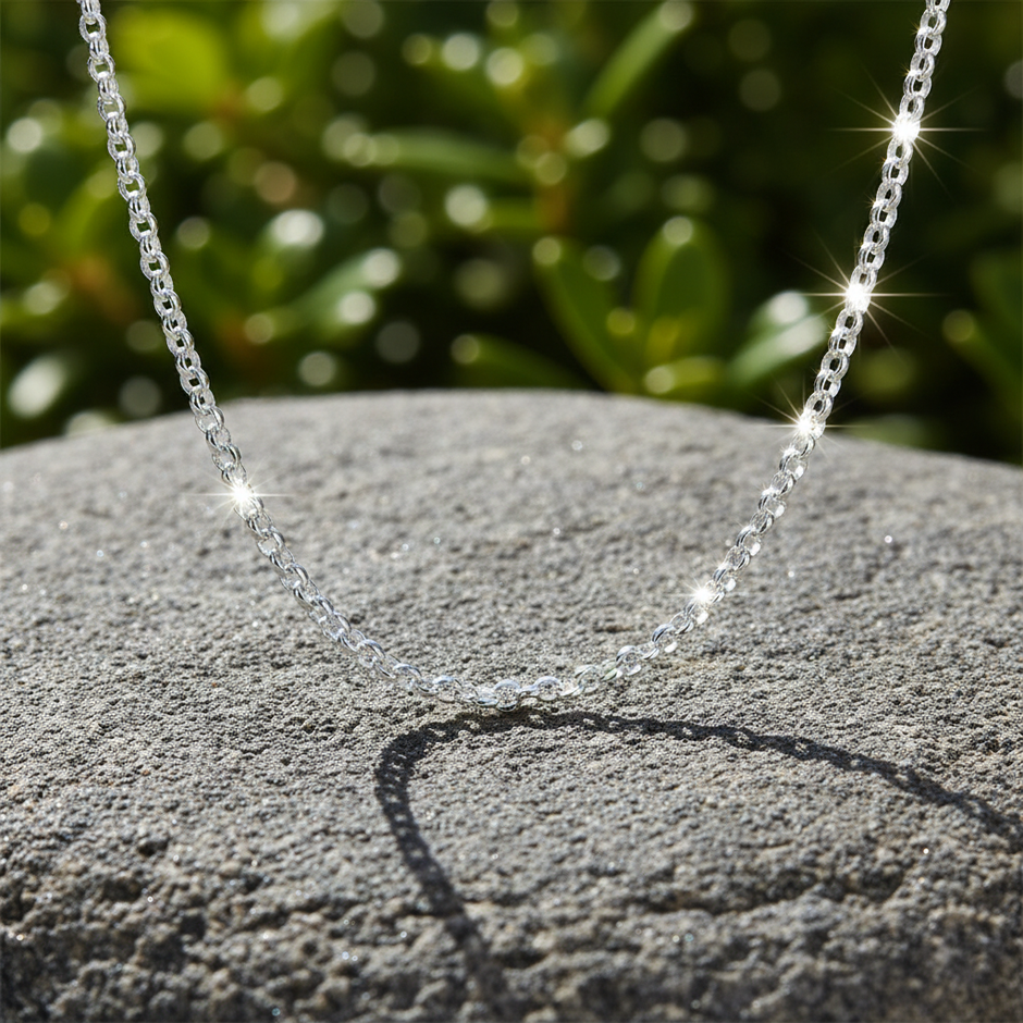 Belcher chain laid flat on rock with sparkle