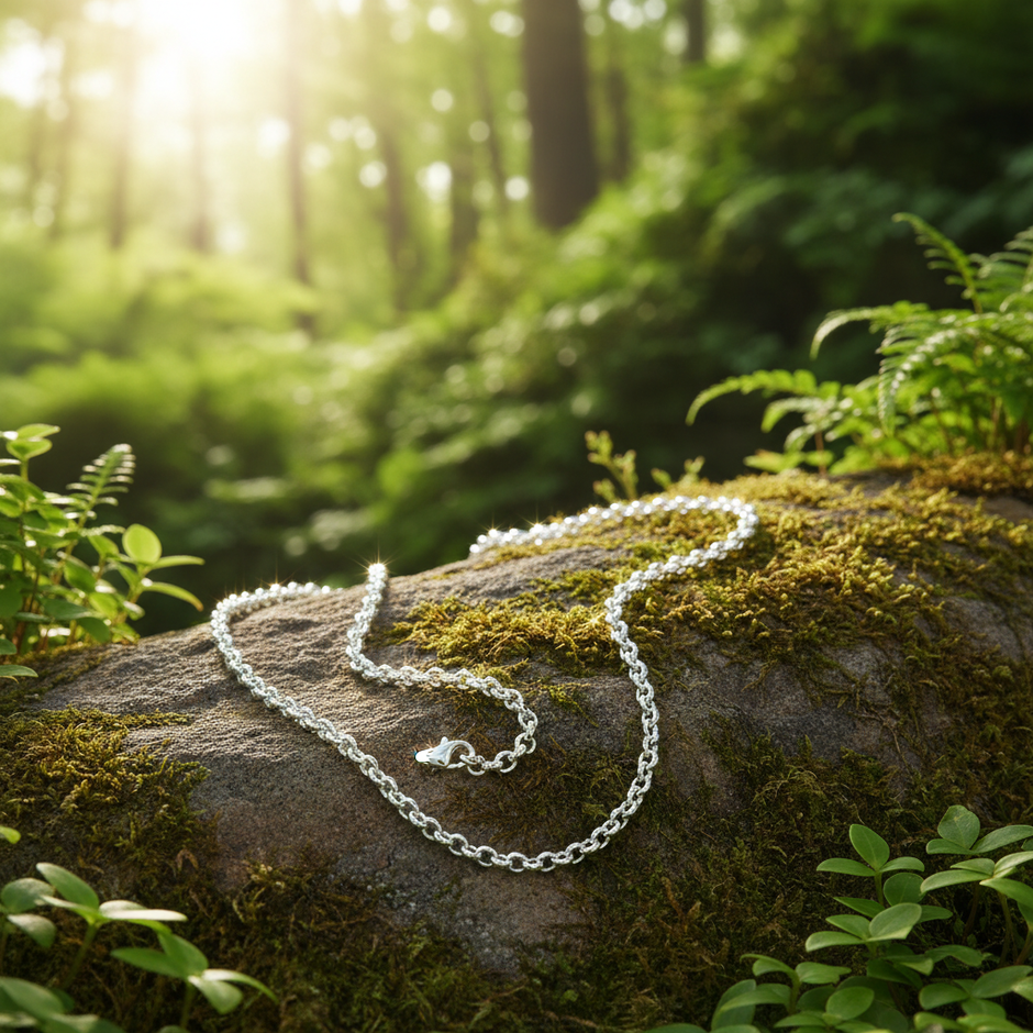 Belcher chain with lush green background and sparkle