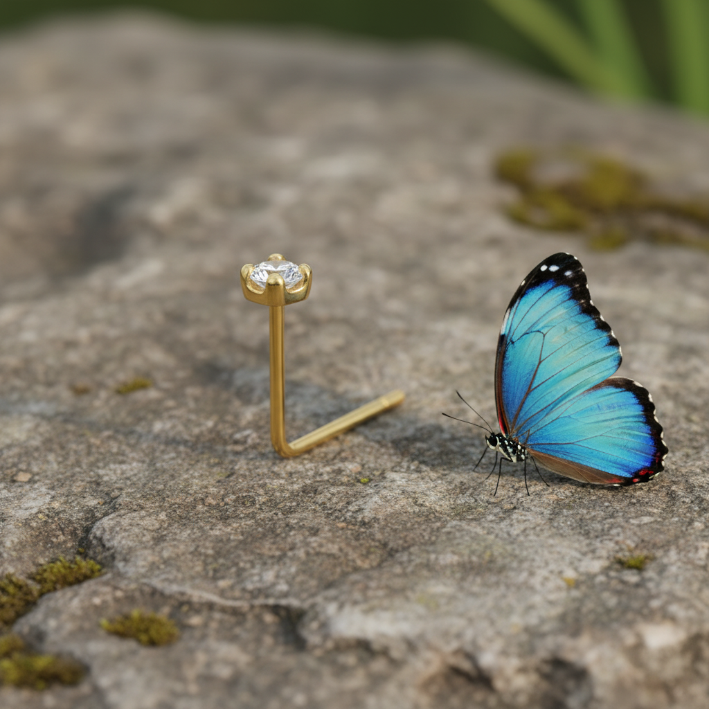 Bent post stud on rock with colored butterfly - new angle