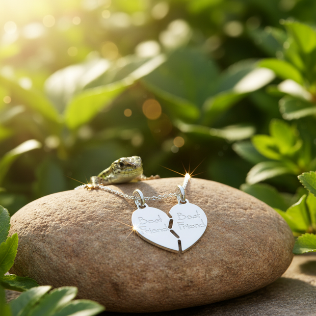 Best Friend Heart Pendant with Lizard on Rock