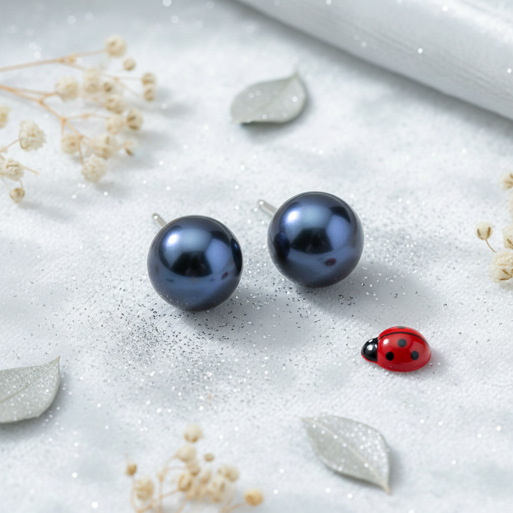 Black Freshwater Pearl Stud Earrings V3 Ladybug