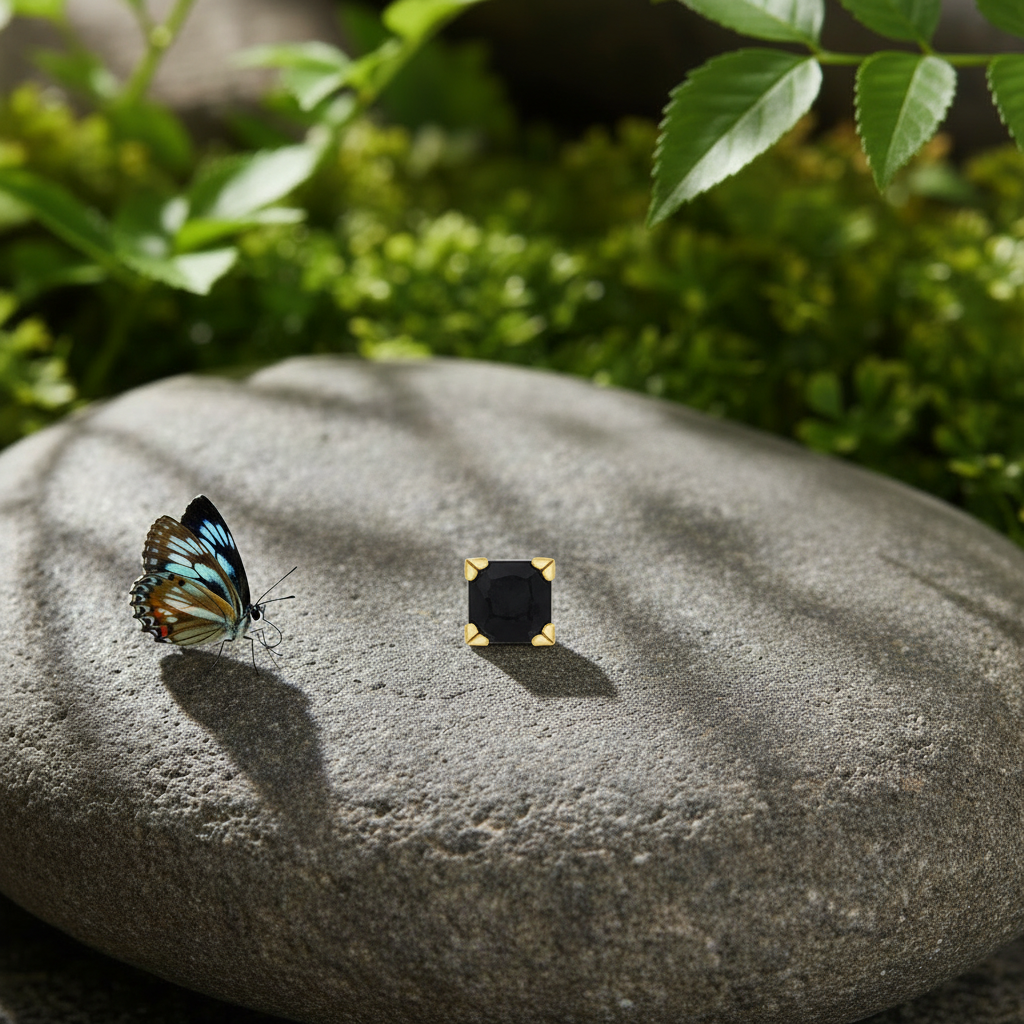 Black gemstone on rock with butterfly