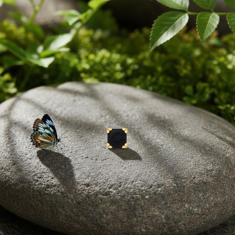 Black gemstone on rock with butterfly
