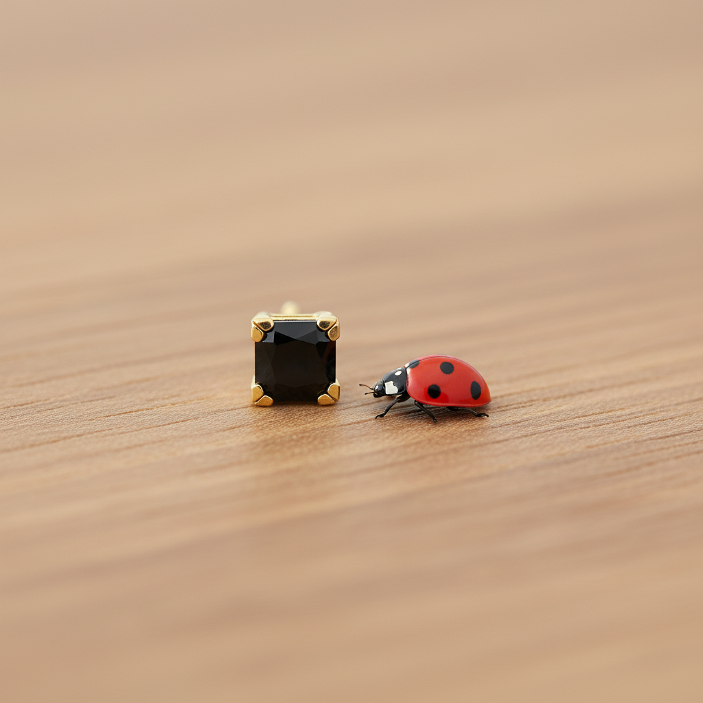 Black gemstone stud on wood with ladybug