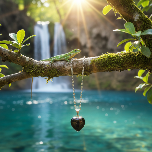 Black obsidian heart pendant on silver chain with waterfall