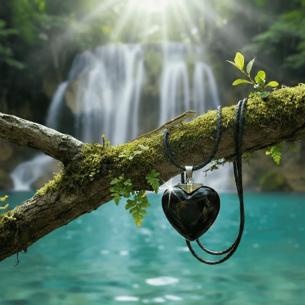Black Obsidian Heart Stone Black Leather Cord Pendant - DP Online