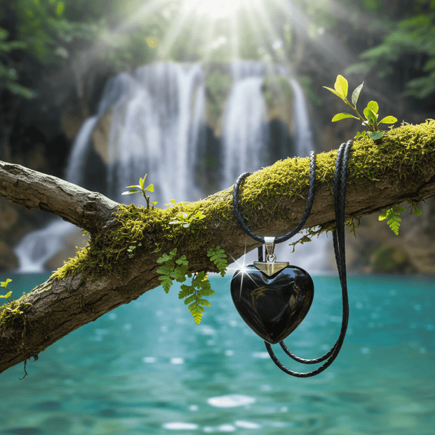 Black Obsidian Heart Stone Black Leather Cord Pendant - DP Online