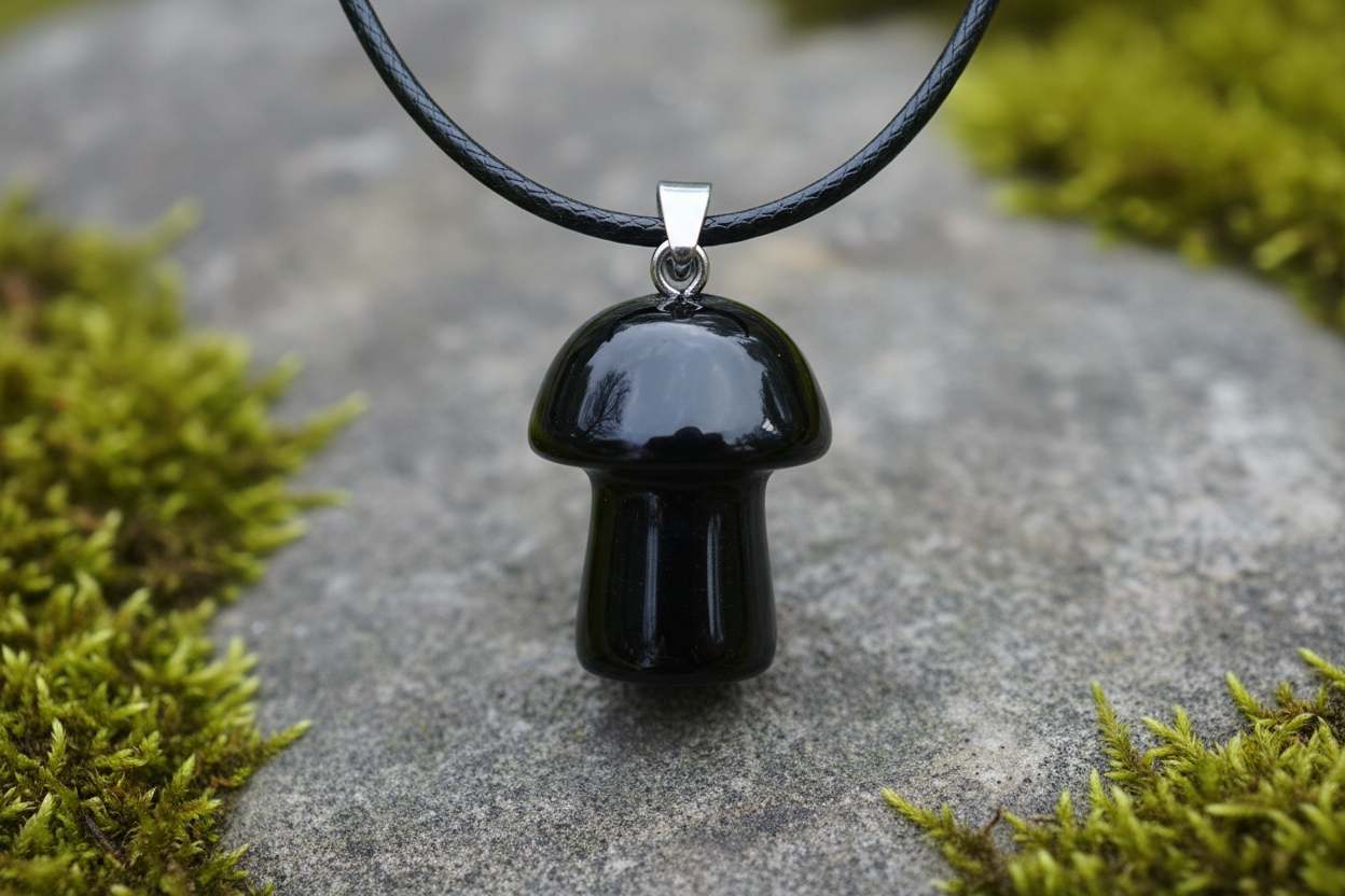 Black Obsidian Mushroom Pendant – Rock Surface Moss