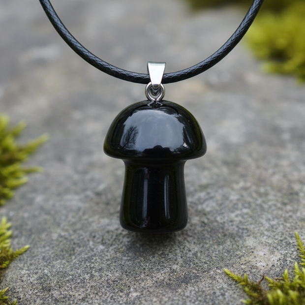 Black Obsidian Mushroom Pendant – Rock Surface Moss