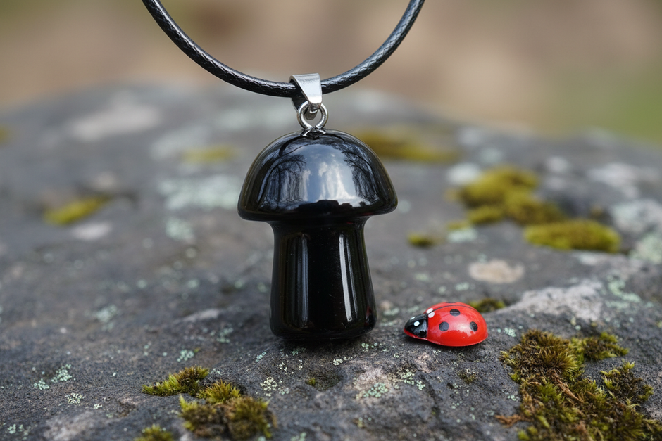 Black Obsidian Mushroom Pendant – Rock Surface with Ladybug