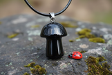 Black Obsidian Mushroom Pendant – Rock Surface with Ladybug