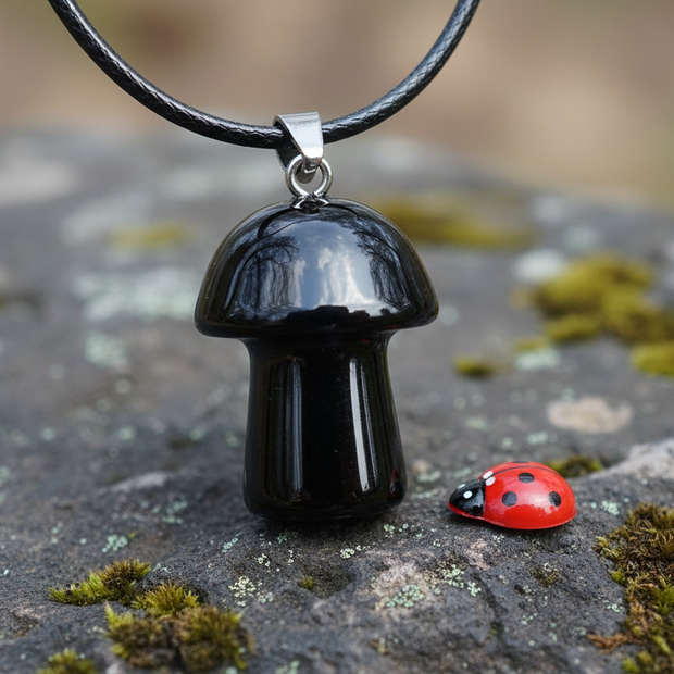 Black Obsidian Mushroom Pendant – Rock Surface with Ladybug