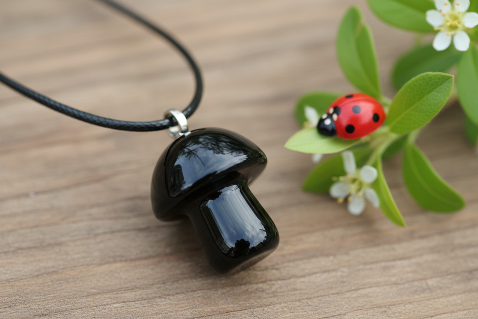 Black Obsidian Mushroom Pendant – Wooden Surface
