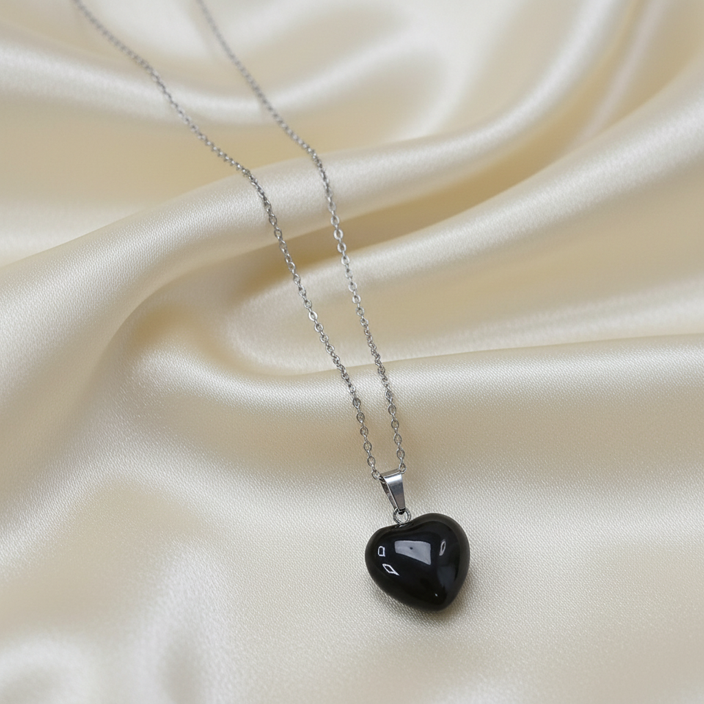 Black Obsidian Necklace on Cream Silk