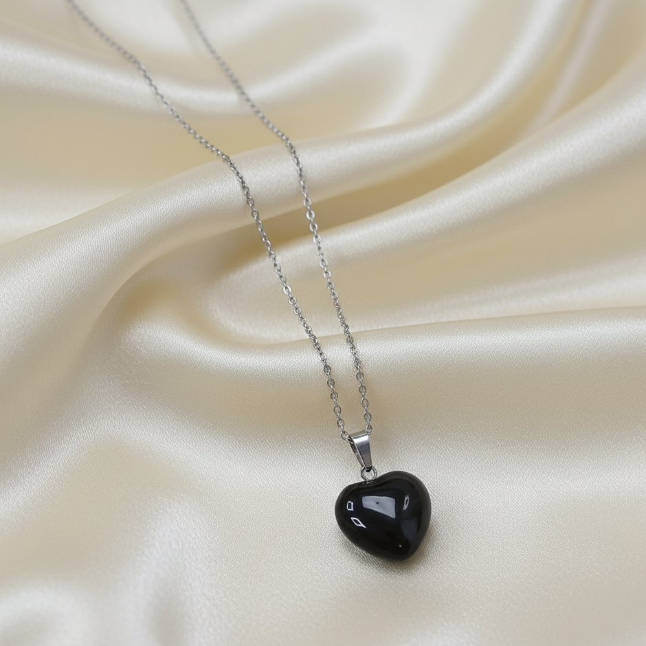 Black Obsidian Necklace on Cream Silk