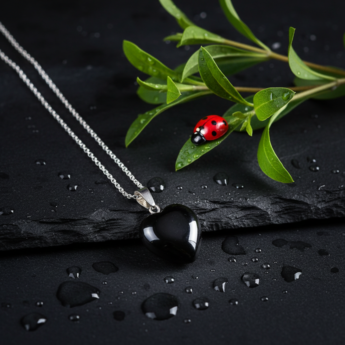 Black Obsidian Necklace with Water Droplets and Ladybug
