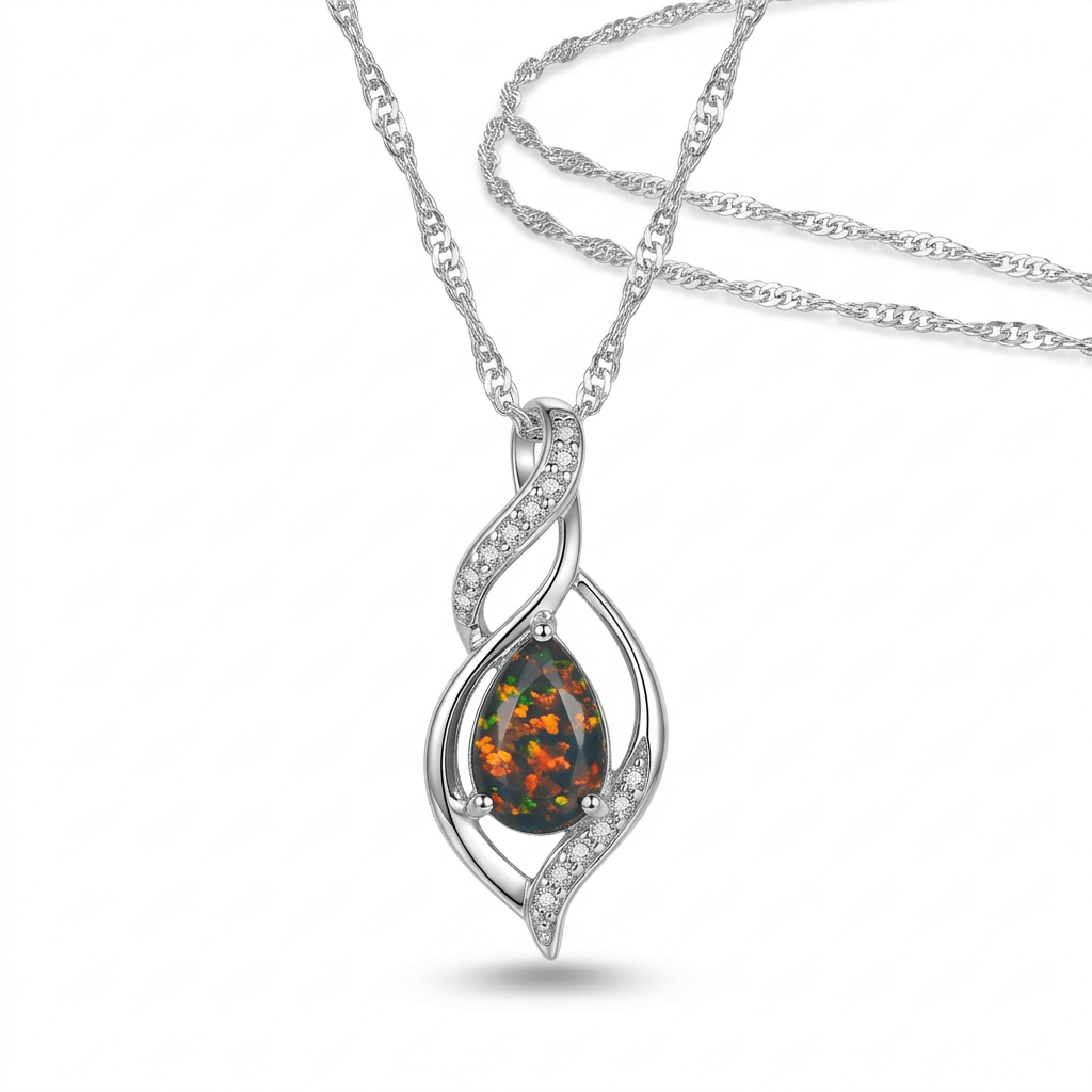 925 Sterling Silver Black Opal Twisted Pendant Necklace