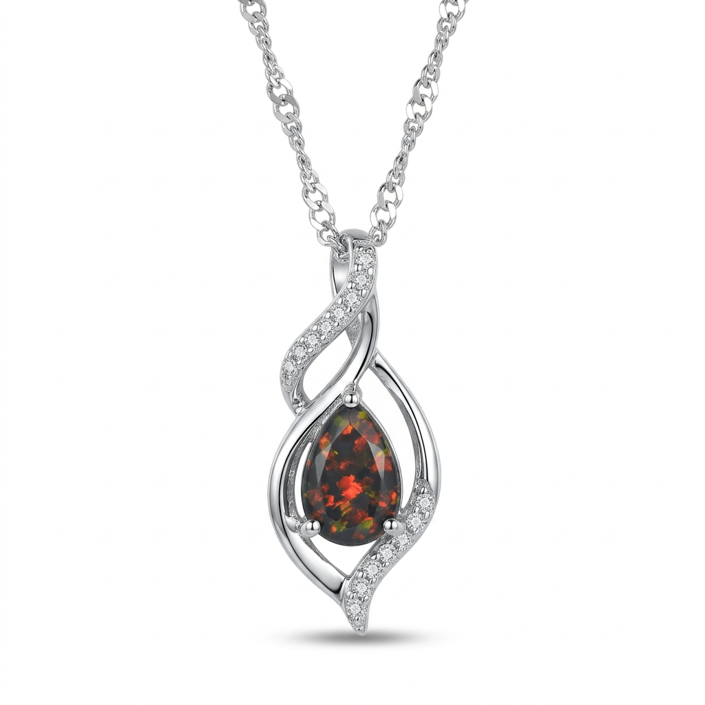 925 Sterling Silver Black Opal Twisted Pendant Necklace