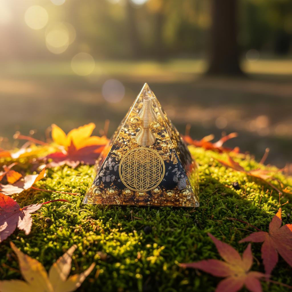 Black Orgonite Pyramid – Moss & Leaves