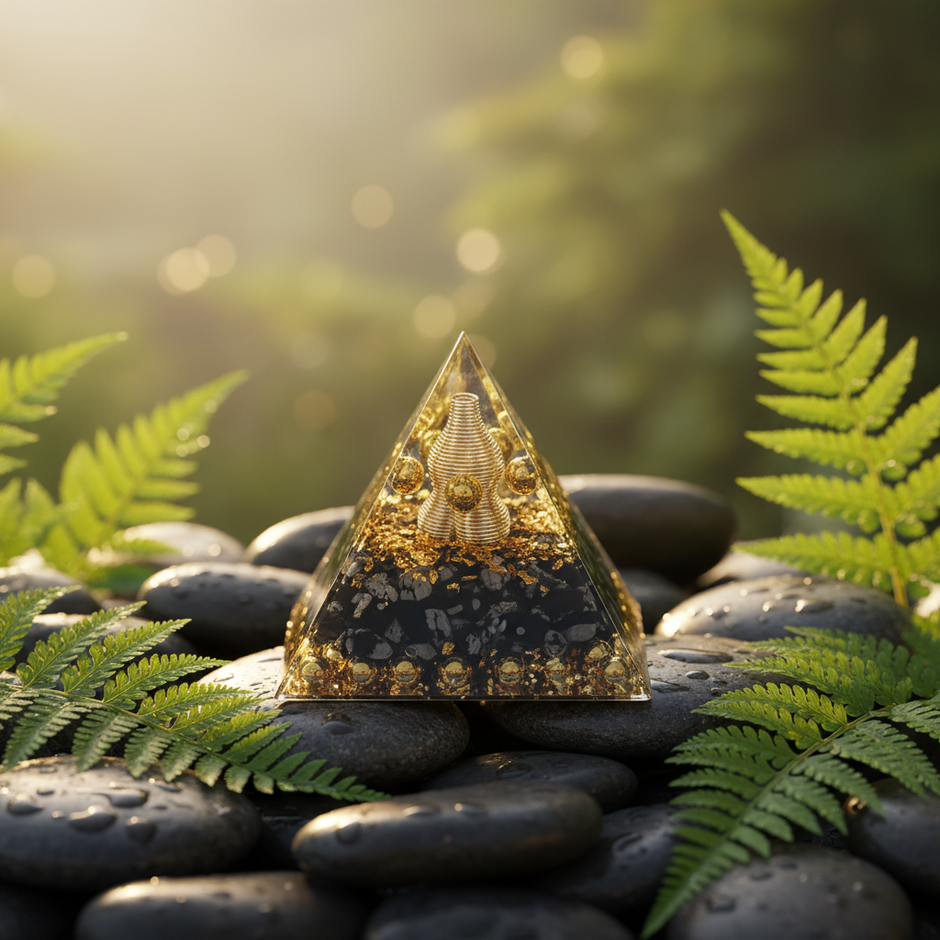 Black Orgonite Pyramid – River Stones