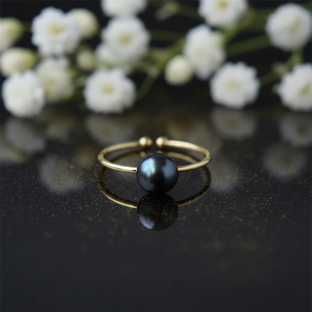 Black Peacock Pearl Adjustable Ring – V3 Dust + Florals