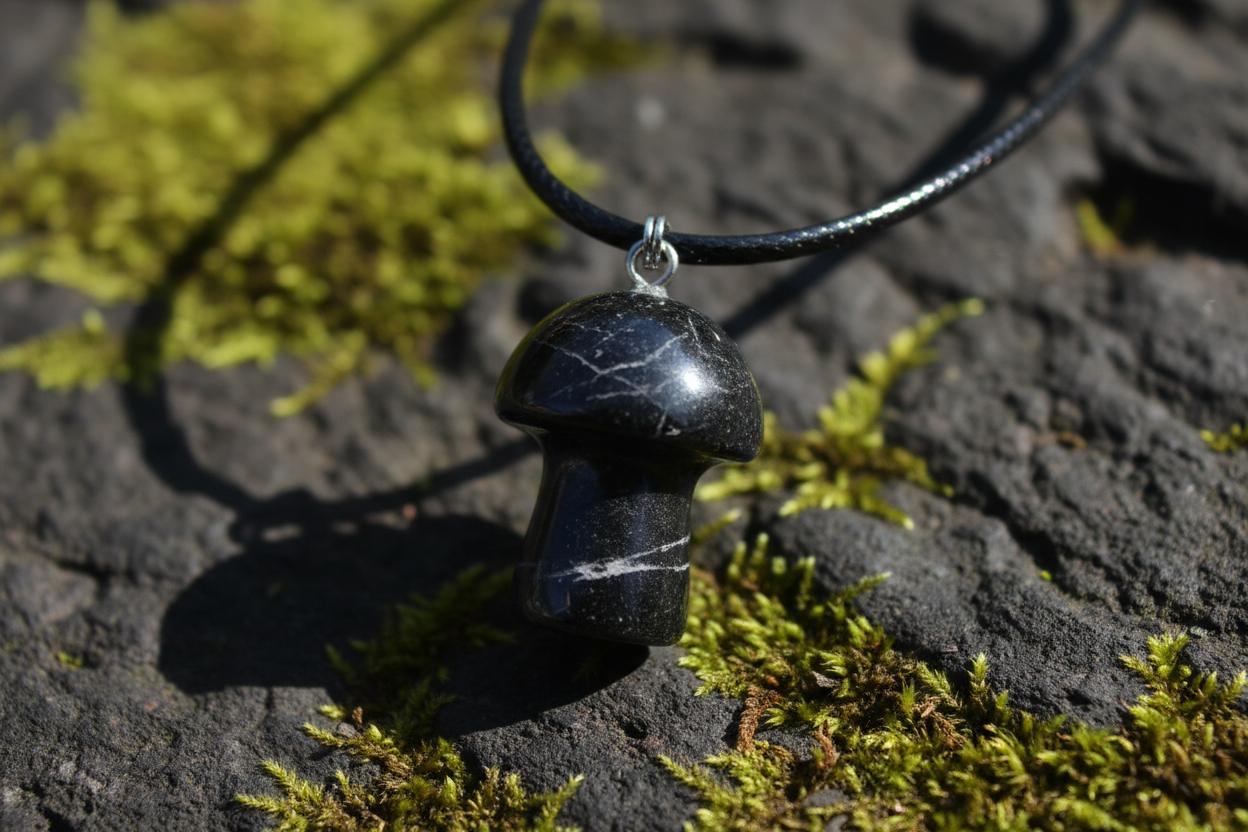 Black Tourmaline Mushroom Pendant – Rock Surface