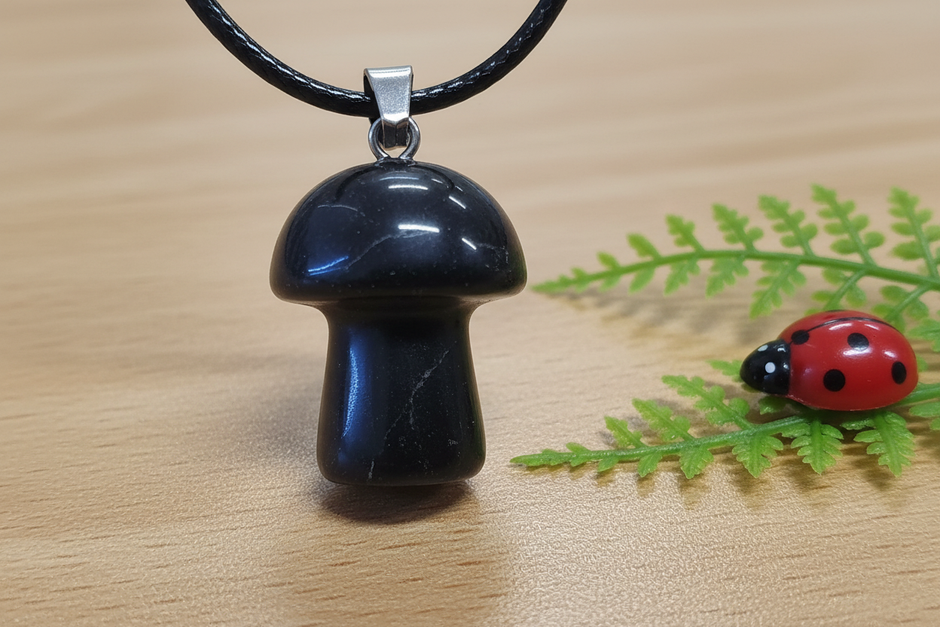 Black Tourmaline Mushroom Pendant – Wooden Surface
