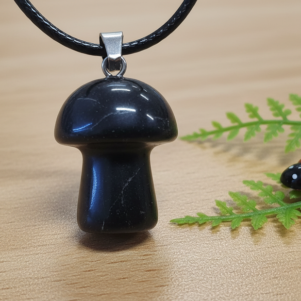 Black Tourmaline Mushroom Pendant – Wooden Surface