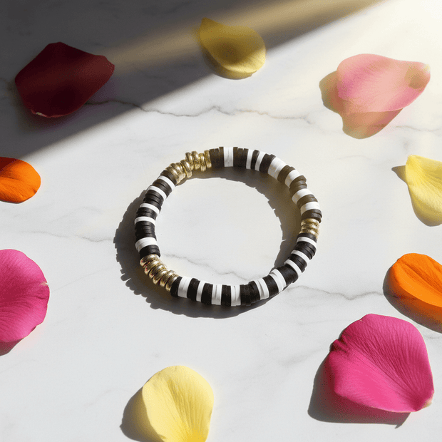 Black & White Clay Heishi Disc with Gold Accents Stretch Bracelet - DP Online