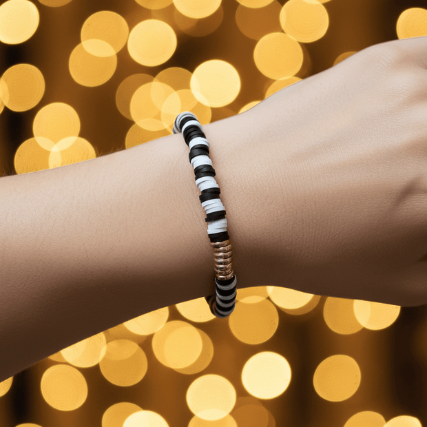 Black & White Clay Heishi Disc with Gold Accents Stretch Bracelet - DP Online