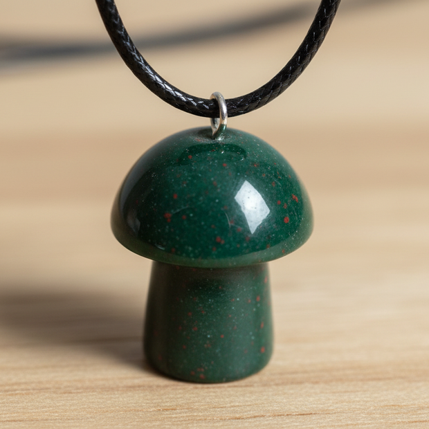 Bloodstone Mushroom Pendant – Wooden Surface
