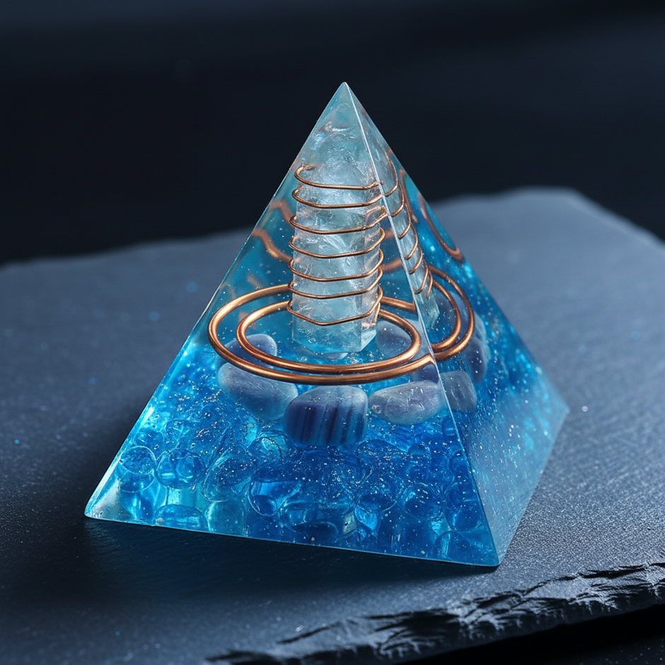 Blue Crystal Copper Coil Pyramid – Charcoal Slate