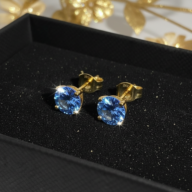 Blue CZ Gold Stud Earrings – V3 Dust + Florals