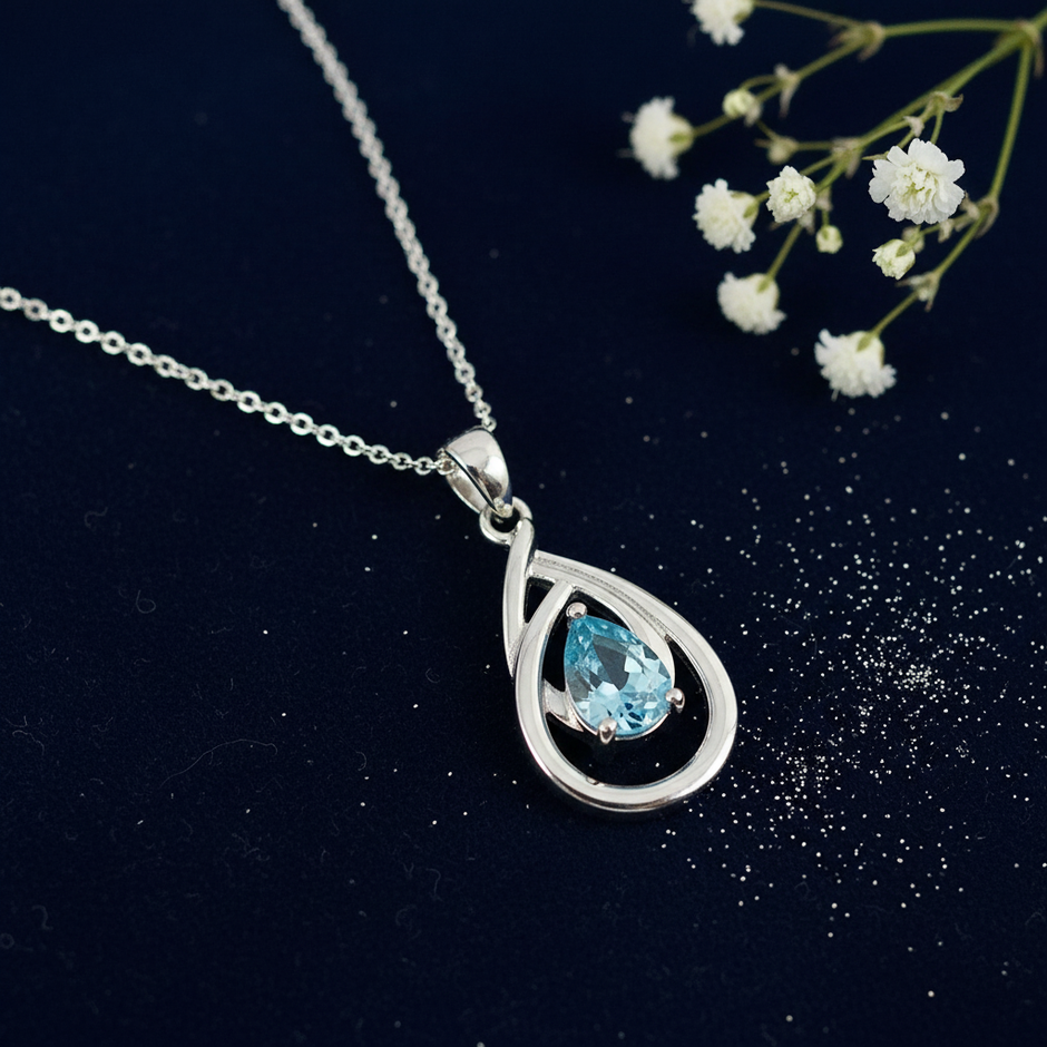 Blue CZ Teardrop Pendant — V3 Silver Dust + Floral