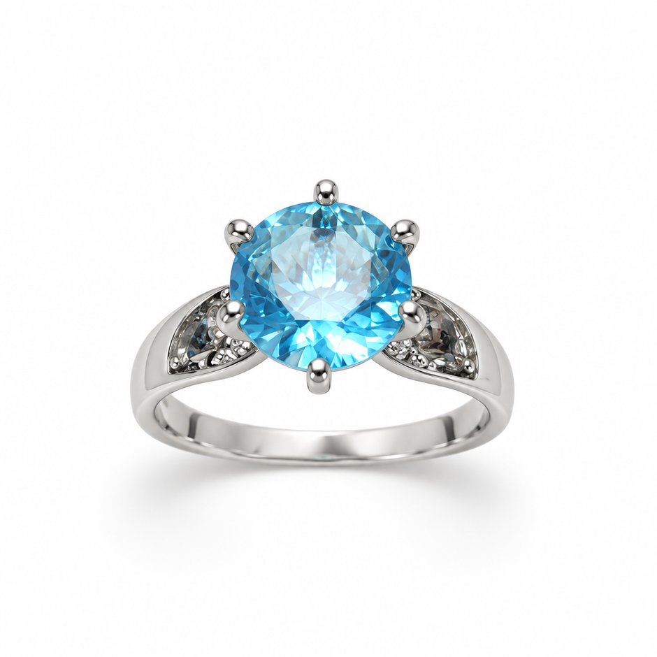 925 Silver Round Blue Cubic Zirconia Solitaire Ring
