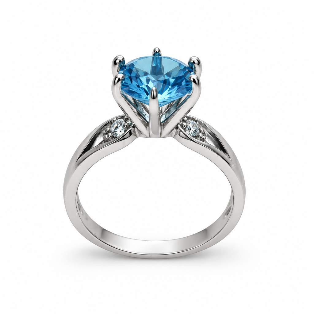 925 Silver Round Blue Cubic Zirconia Solitaire Ring