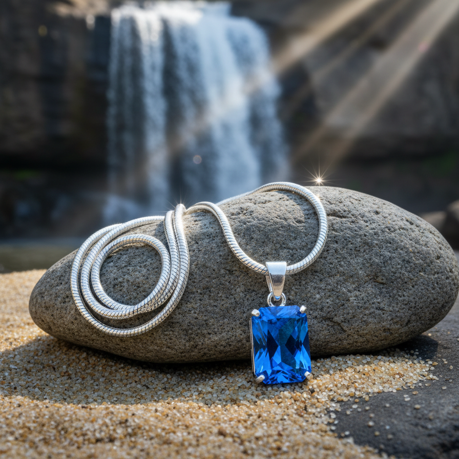 Blue Necklace on Rock with Sand and Clear Waterfall