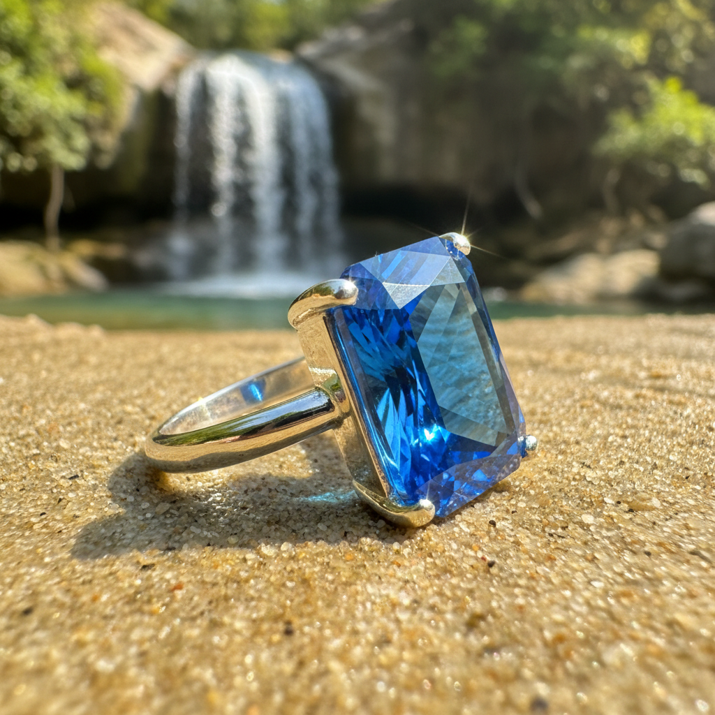 Blue Ring Sideways on Sand by Waterfall