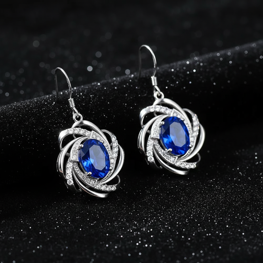 Blue Sapphire Earrings - Black Velvet Angled
