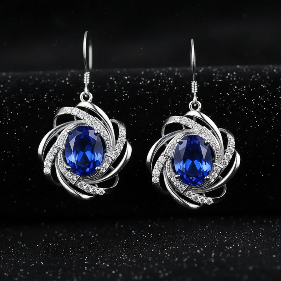 Blue Sapphire Earrings - Black Velvet Close-up