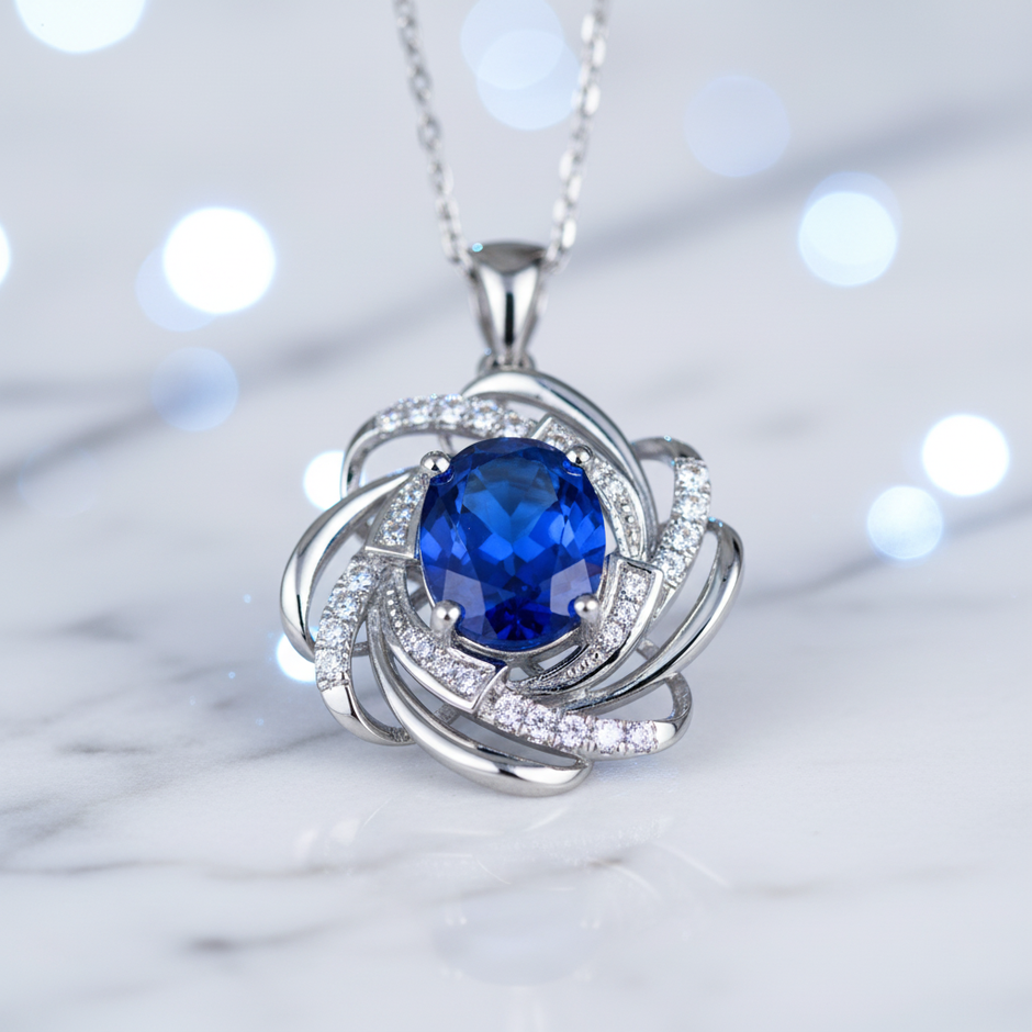 Blue Sapphire Pendant - White Marble