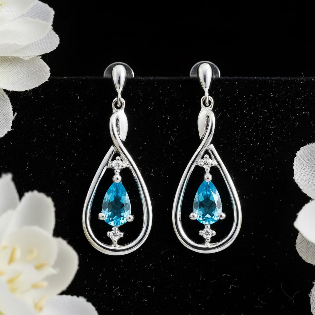 Blue Topaz & Diamond Drop Earrings – V3 Dust + Florals