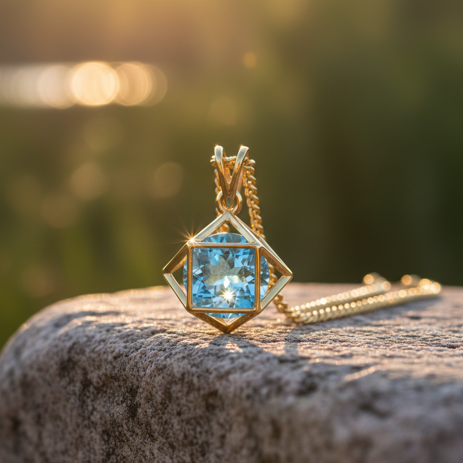 Blue topaz pendant front view on rock