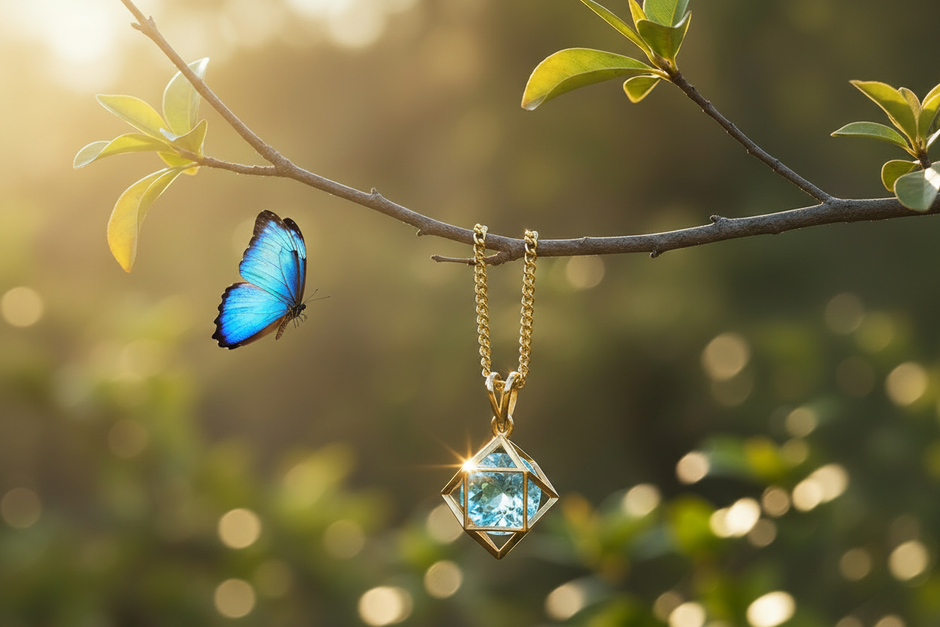 Blue topaz pendant hanging from branch with butterfly