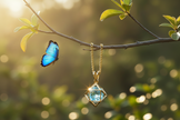 Blue topaz pendant hanging from branch with butterfly