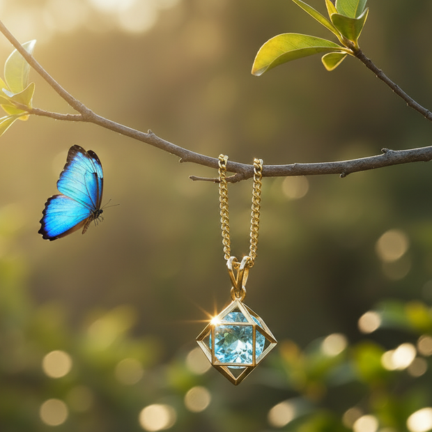 Blue topaz pendant hanging from branch with butterfly