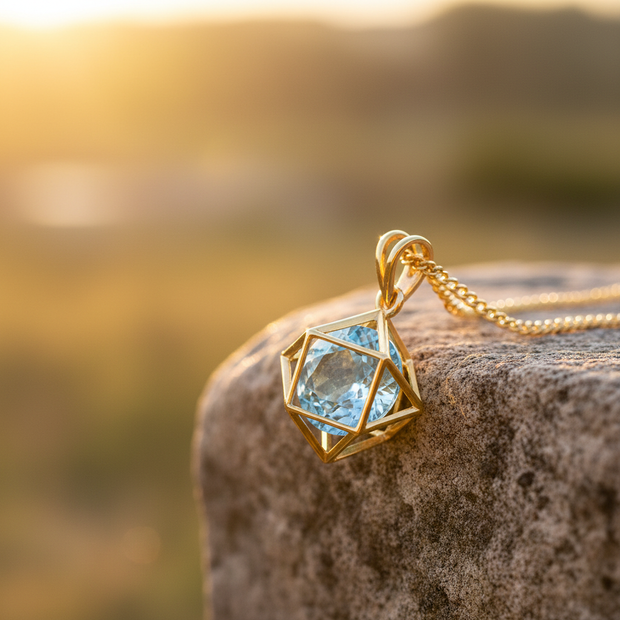 Blue topaz pendant on rock with natural sunlight
